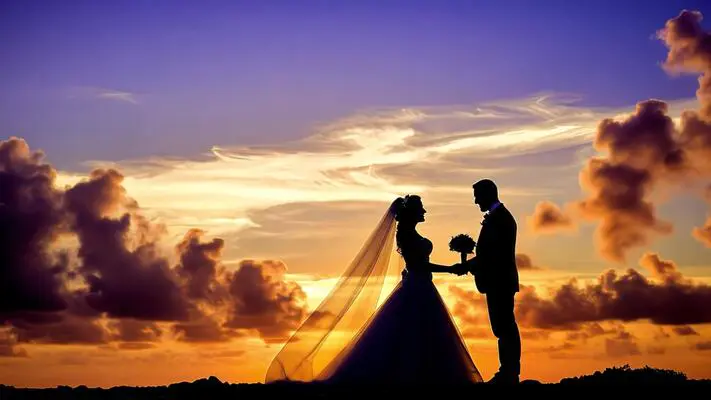 1 a silhouette of a bride and groom standing on a hill at sunset free video